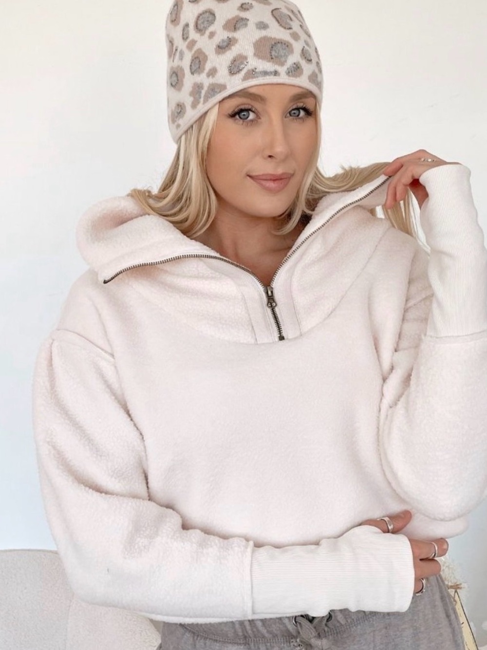 Free People Poppy Cropped Cream Half-Zip Pullover